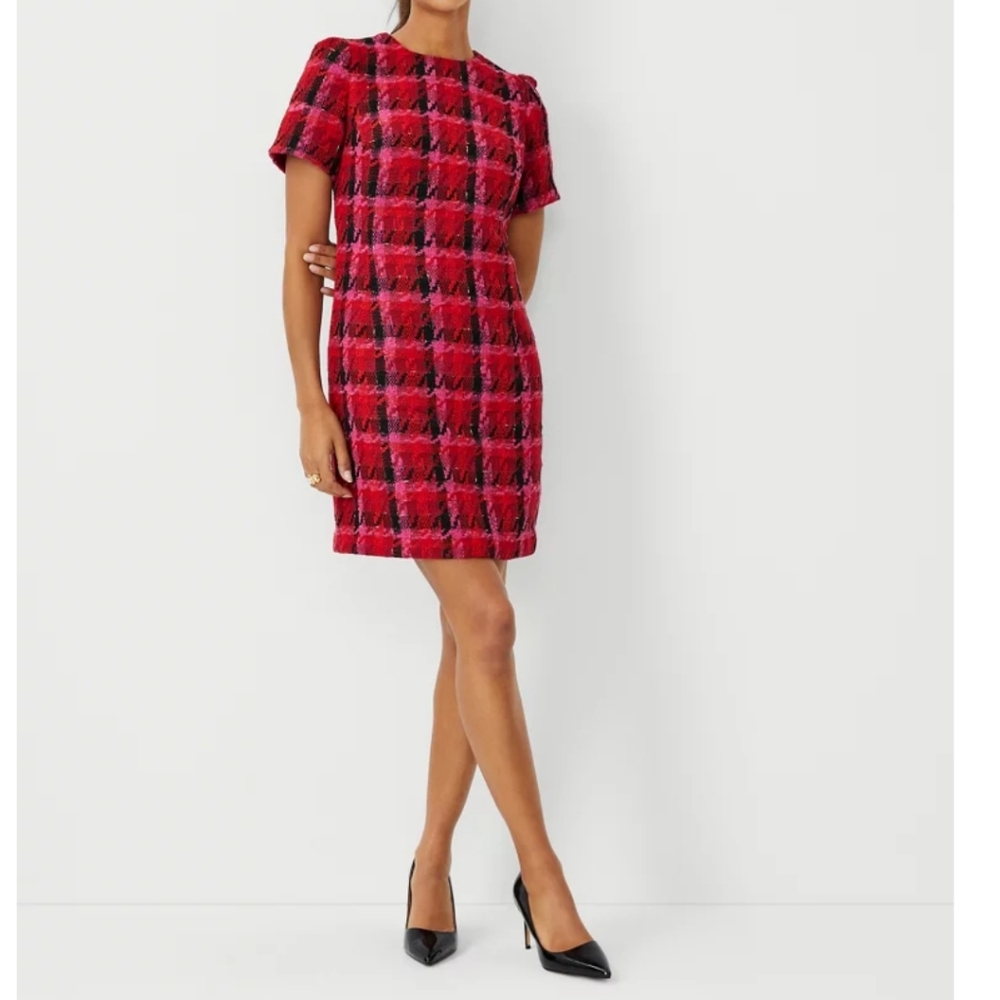 Ann Taylor Shimmer Houndstooth Tweed Shift Dress